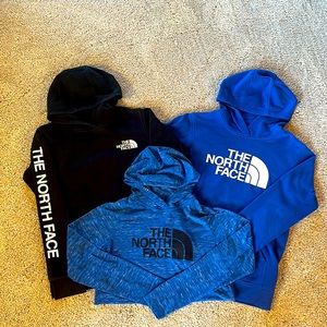 The North Face kids. Two sweatshirt hoodies and one hoodie lightweight shirt.